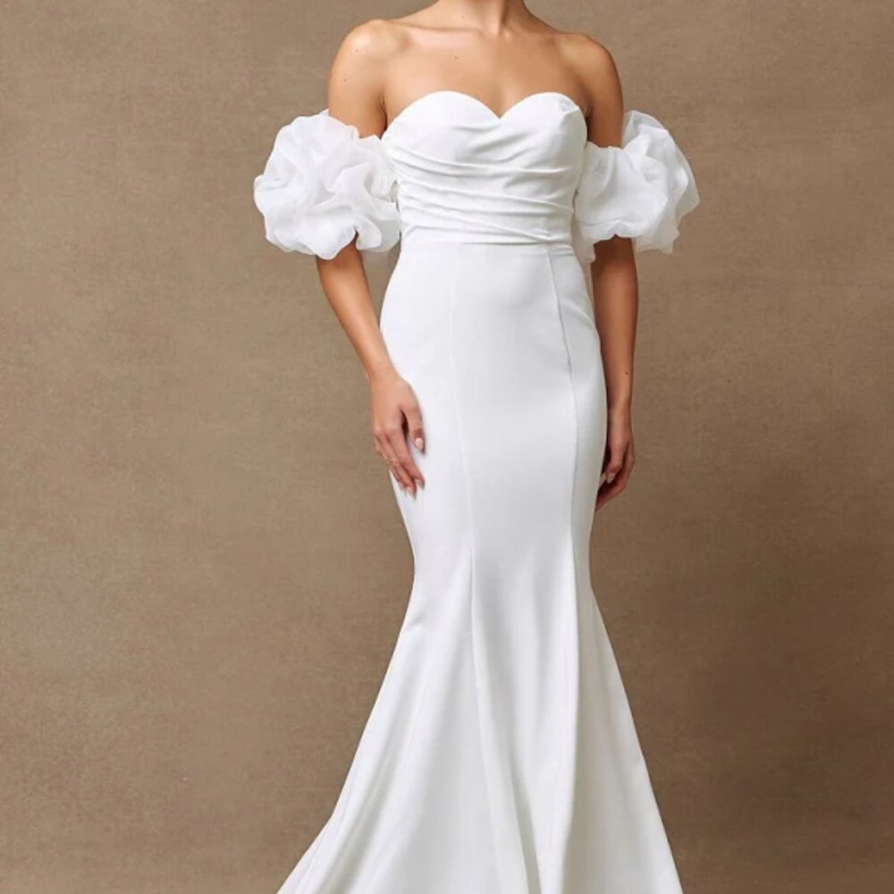 Wedding dress, stretch satin fitted strapless bridal gown with puff sleeves